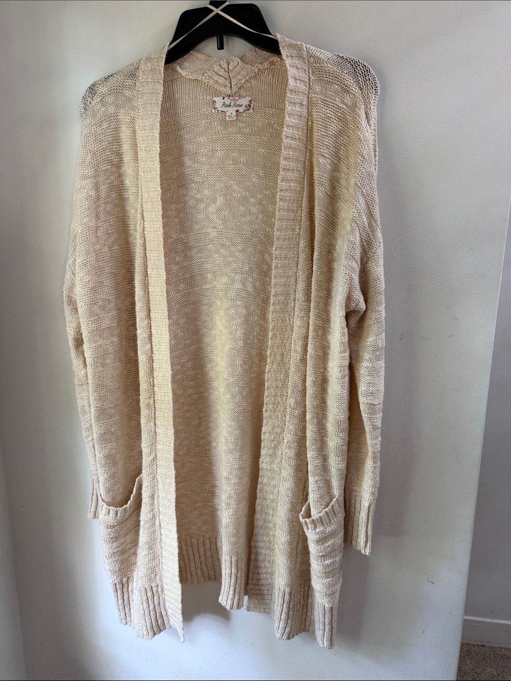 Pink Rose Open-Front Cream Cardigan With Pockets